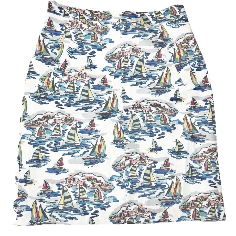 Nine West Sweet Escape Havana Linen Skirt Sailboat Print 8 Resort Wear Coastal‎